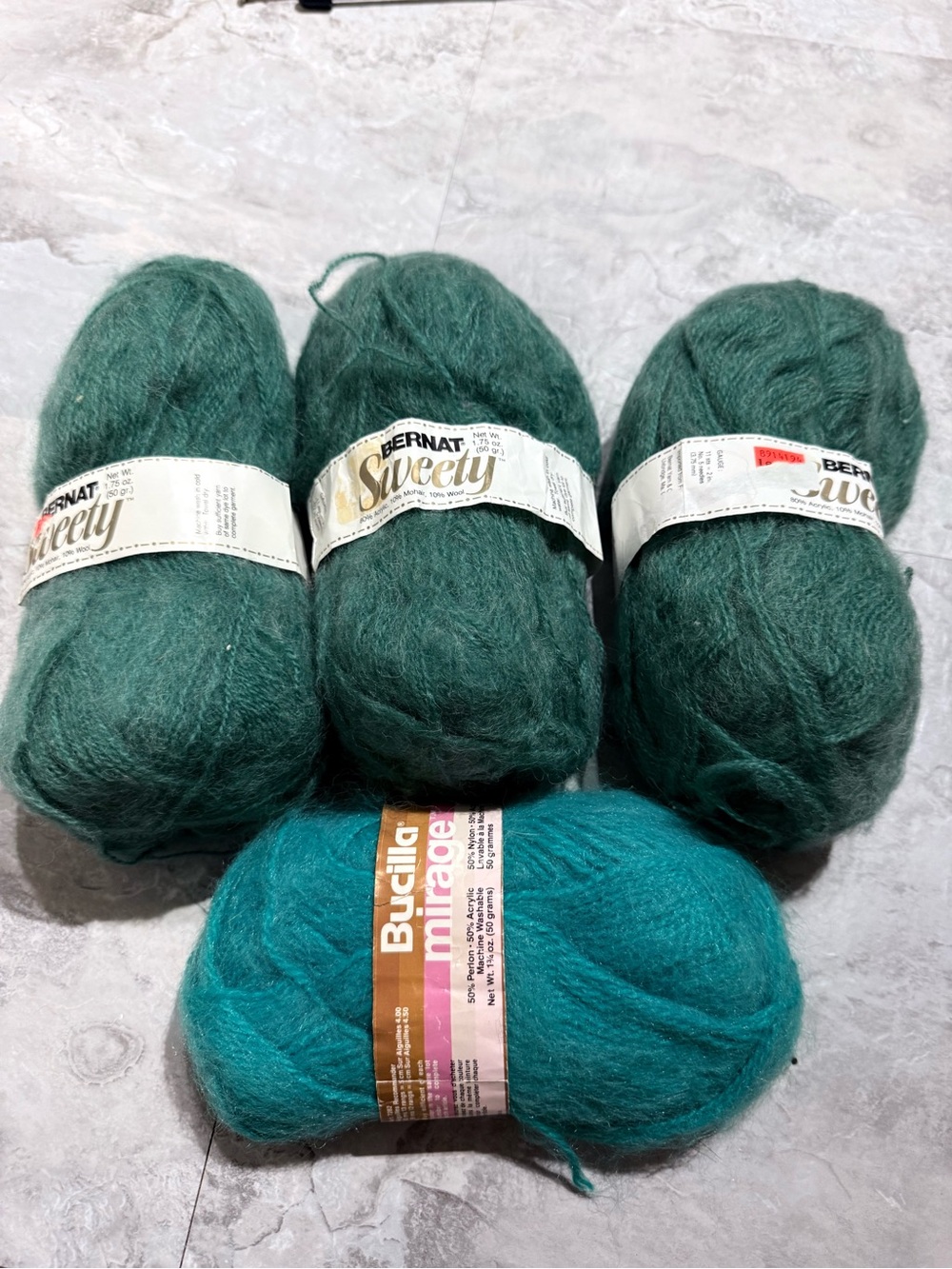 Vintage Mohair Blend Yarn Lot - 3 Bernat Sweety & 1 Bucilla Mirage - Green Teal